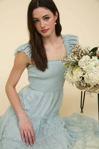 Polka Dot Chiffon Smocked Tiered Midi Dress in Sage
