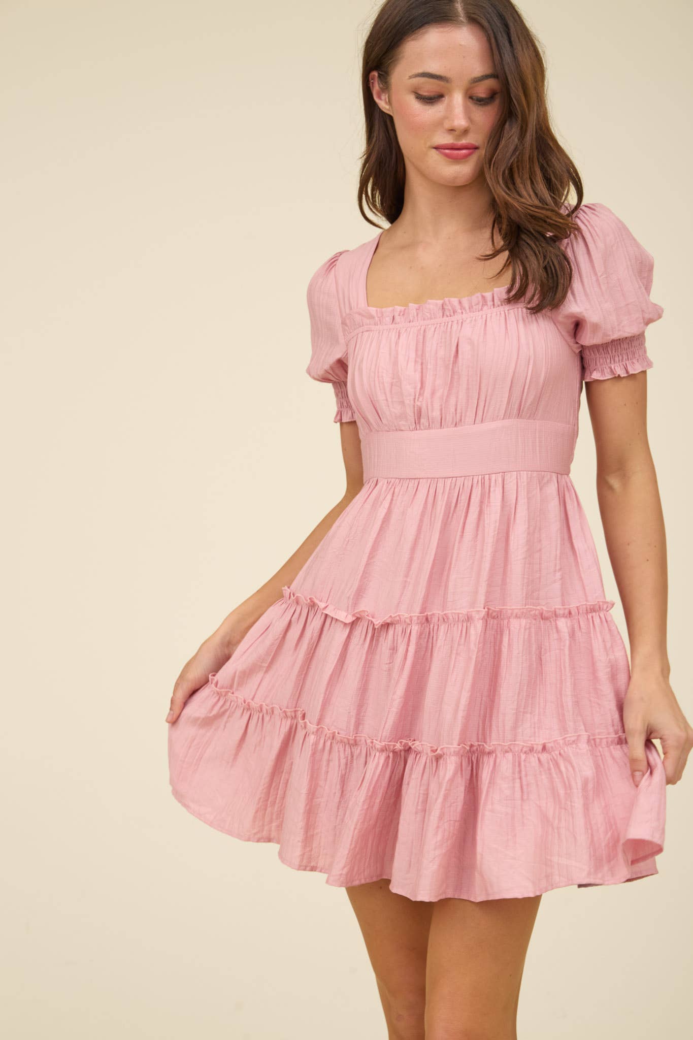 Pink Square Neck Smocked Mini Dress