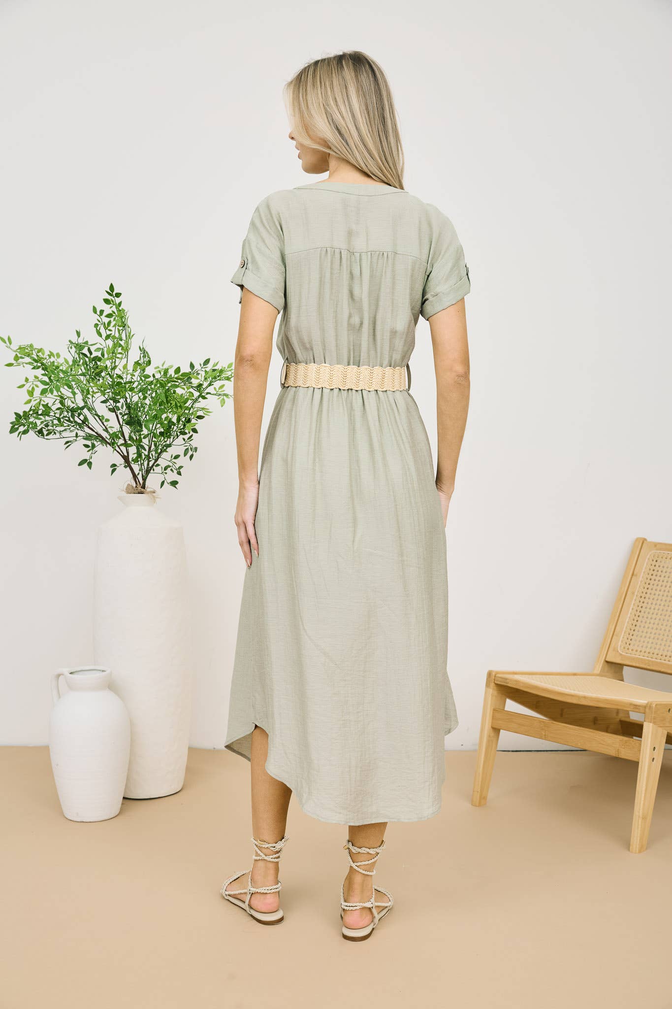 Light Olive Short Sleeve Midi Shirt Dress