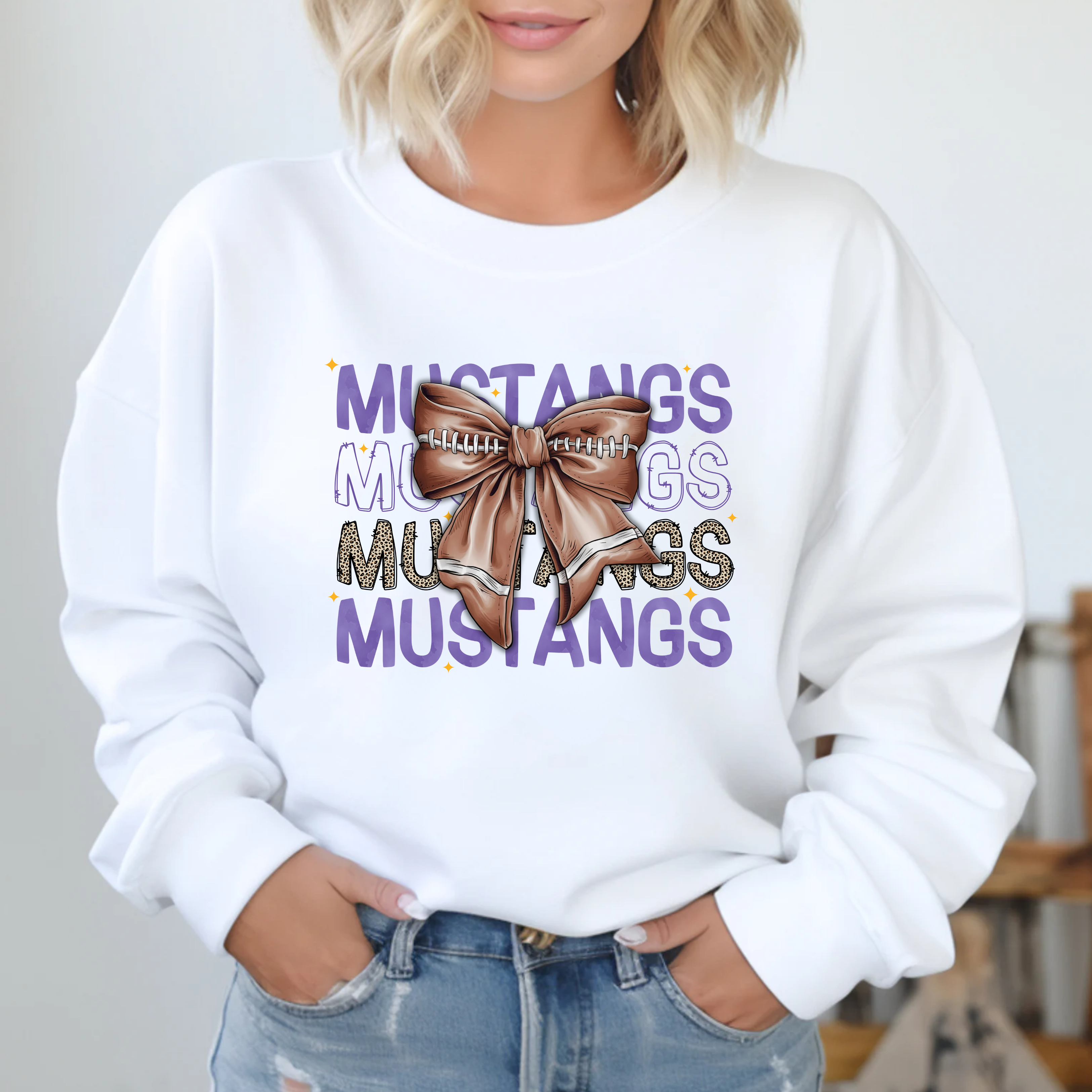 Gildan Softstyle Mustangs Watercolor Football Bow Sweatshirt