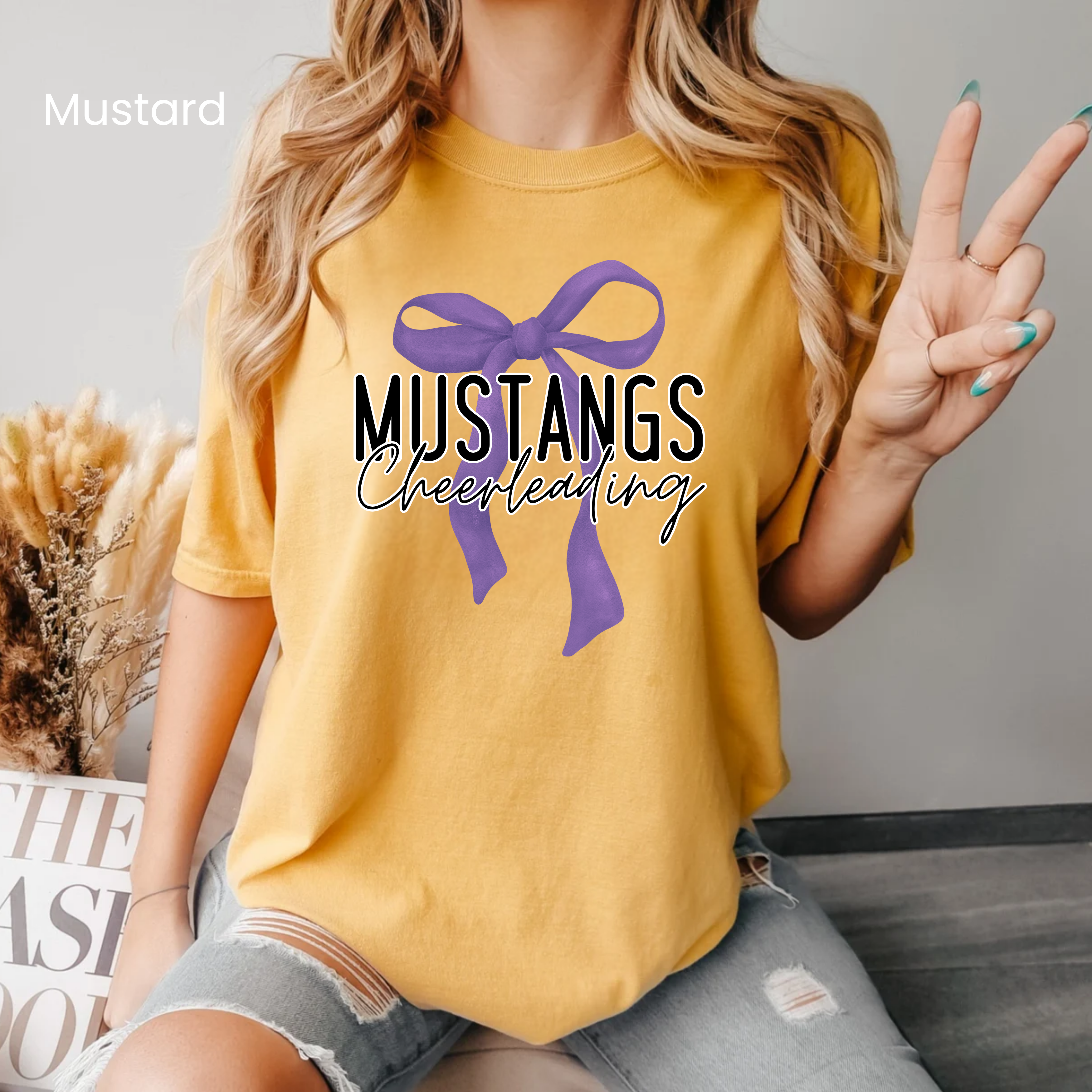 Comfort Colors Mustangs Cheerleading Bow Tee