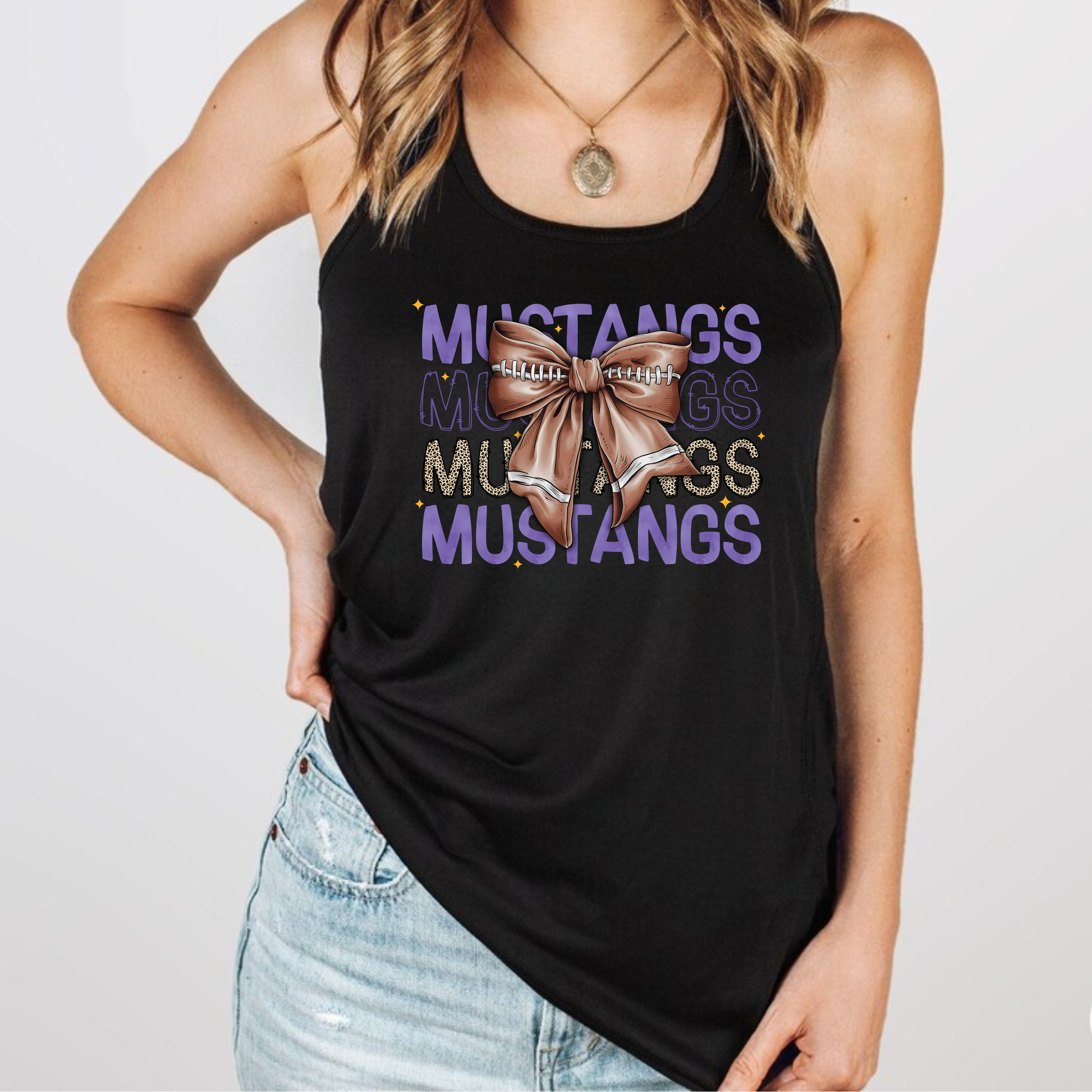 Mustangs Watercolor Football Bow Flowy Racerback Tank