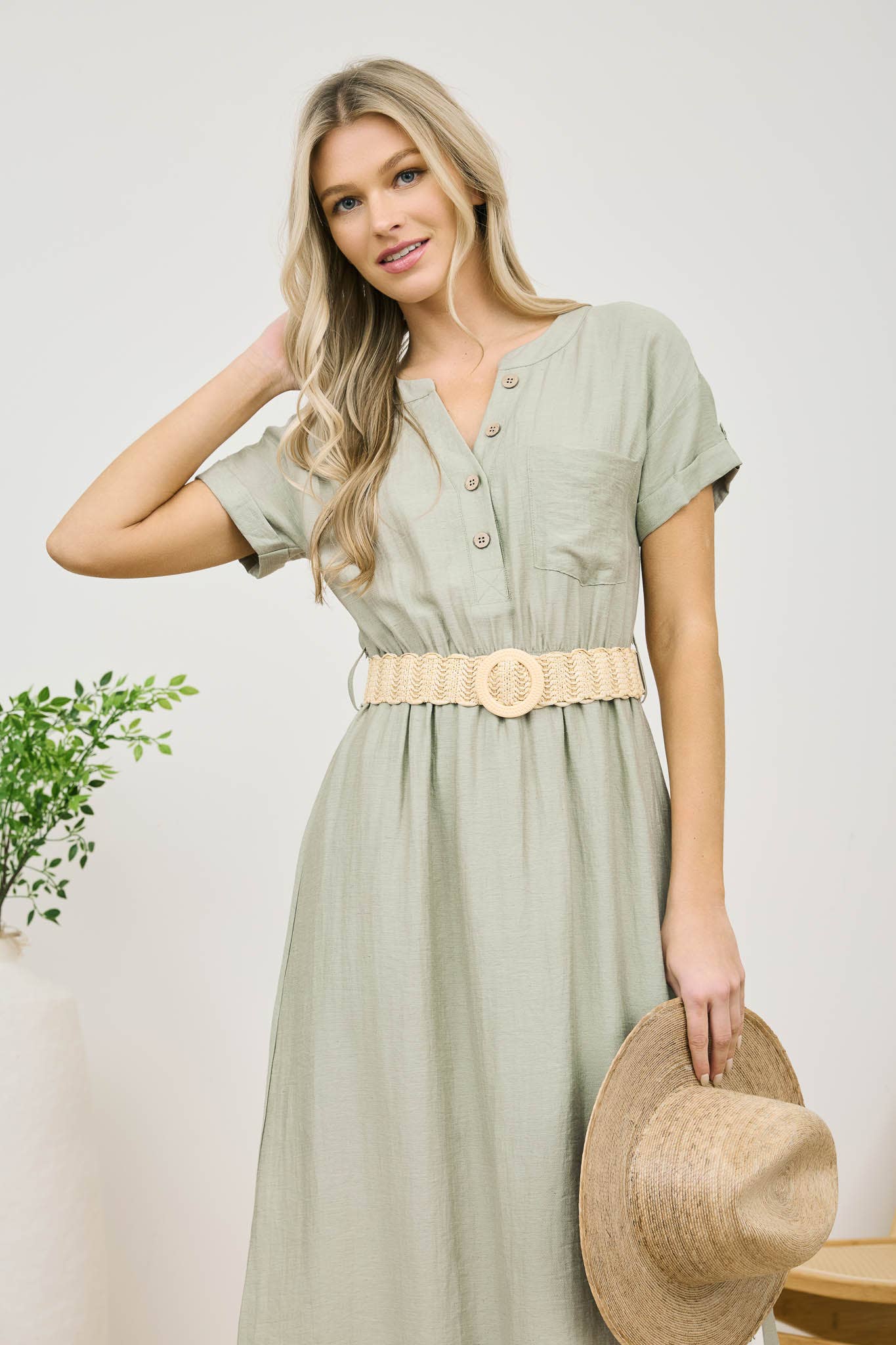 Light Olive Short Sleeve Midi Shirt Dress