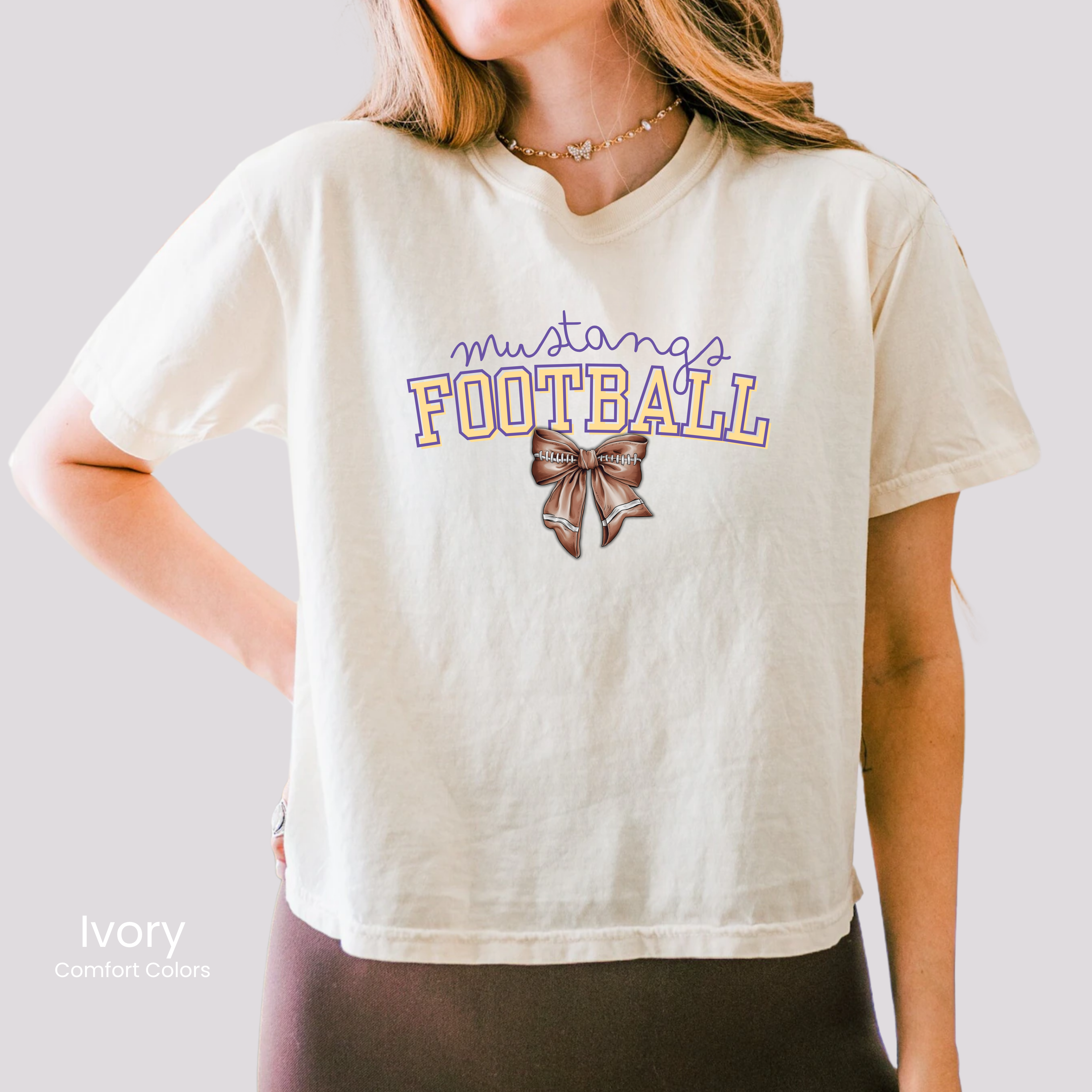 Comfort Colors Boxy Crop Mustangs Football Bow Tee