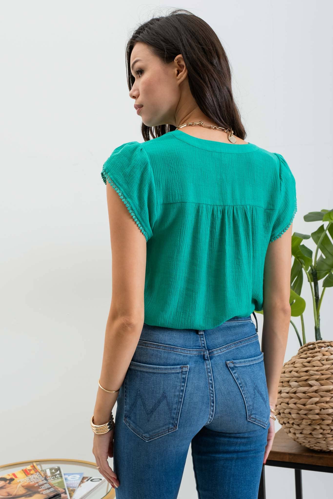 Petal Tassel Sleeve Blouse in Kelly Green