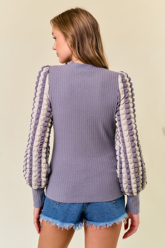 Stripe Popcorn Textured Puff Long Sleeve Top