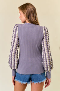 Stripe Popcorn Textured Puff Long Sleeve Top