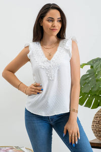 White Swiss Dot V-Neck Lace Trip Sleeveless Top