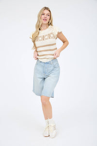 Khaki Stripe Short Sleeve Crochet Knit Top