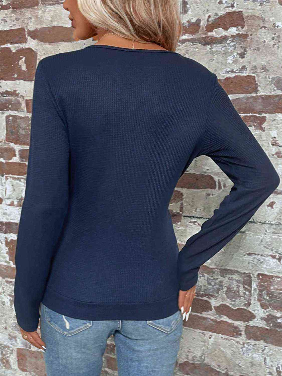 Navy Buttoned Surplice Long Sleeve Top