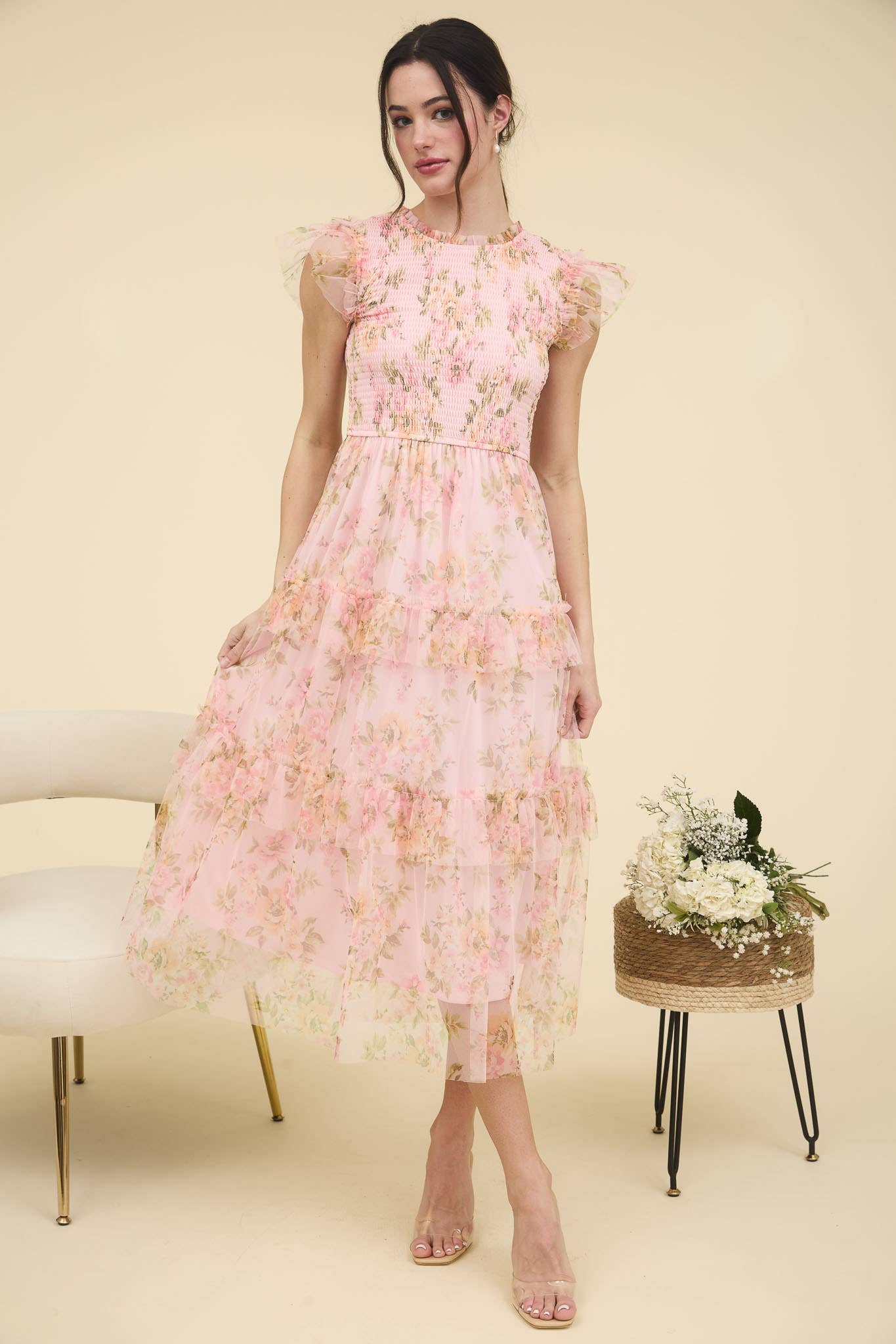 Pink Floral Smocked & Tiered Maxi Dress