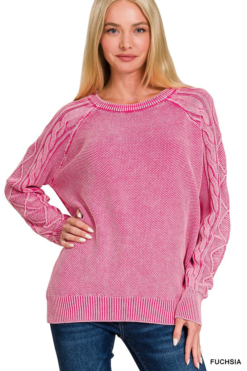 Stone-Washed Cable Knit Sweater in Fuchsia