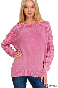 Stone-Washed Cable Knit Sweater in Fuchsia