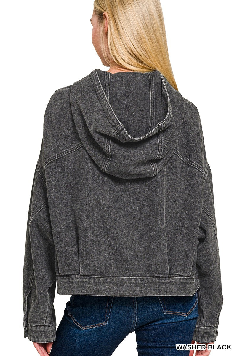 Washed Black Hooded Denim Jacket