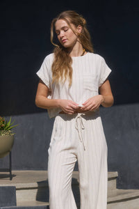 Coastal Vibes Pinstripe Back Button Crop