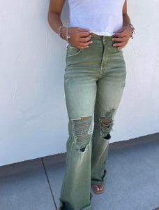 Sage Distressed Wide Leg Dad Jeans in Olive