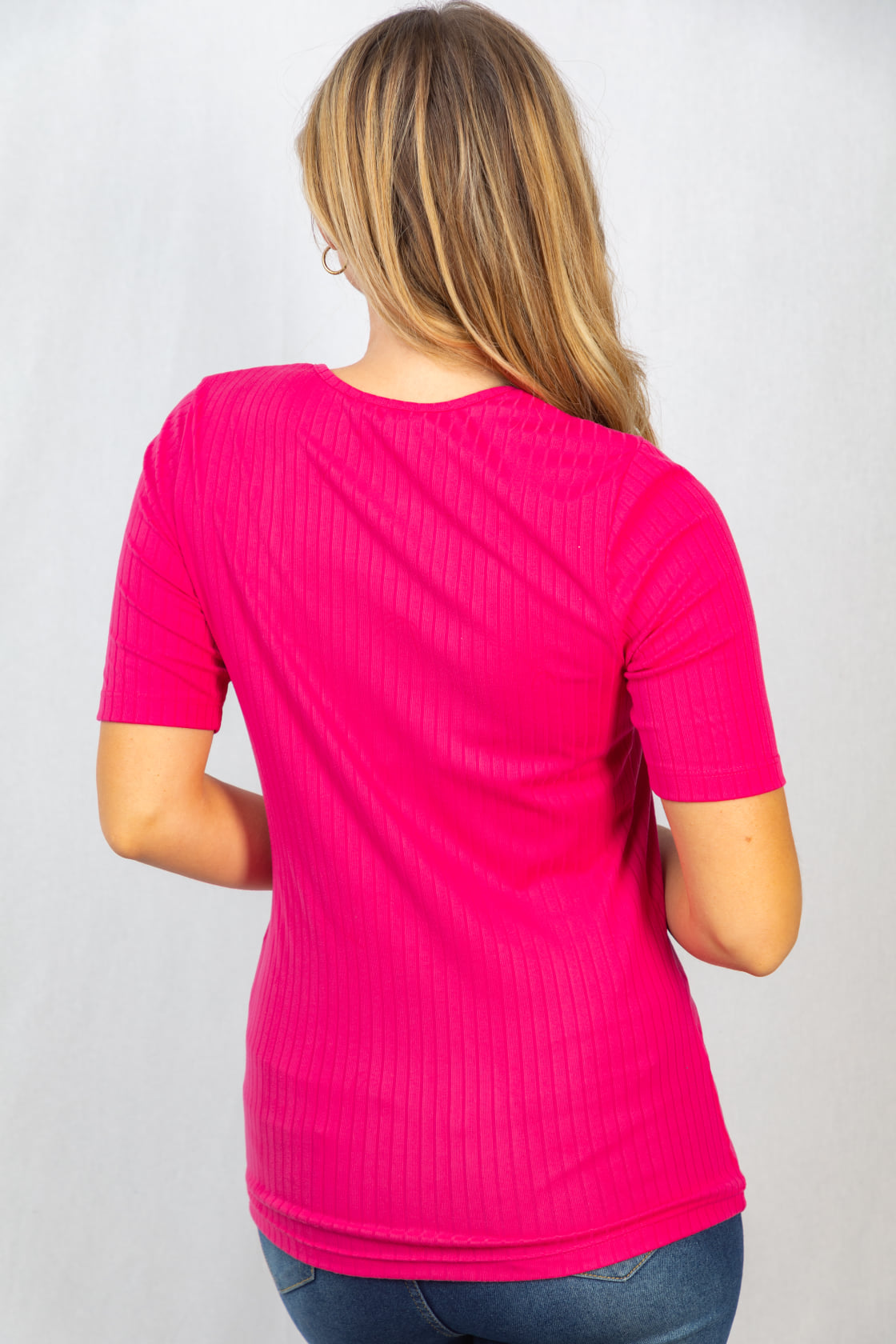 Ms Brightside Ribbed Square Neck Top in Fuchsia