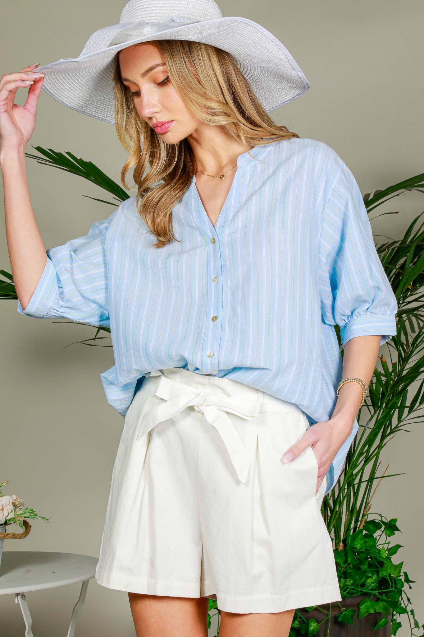 V-Neck Stripe Cotton Blouse in Blue