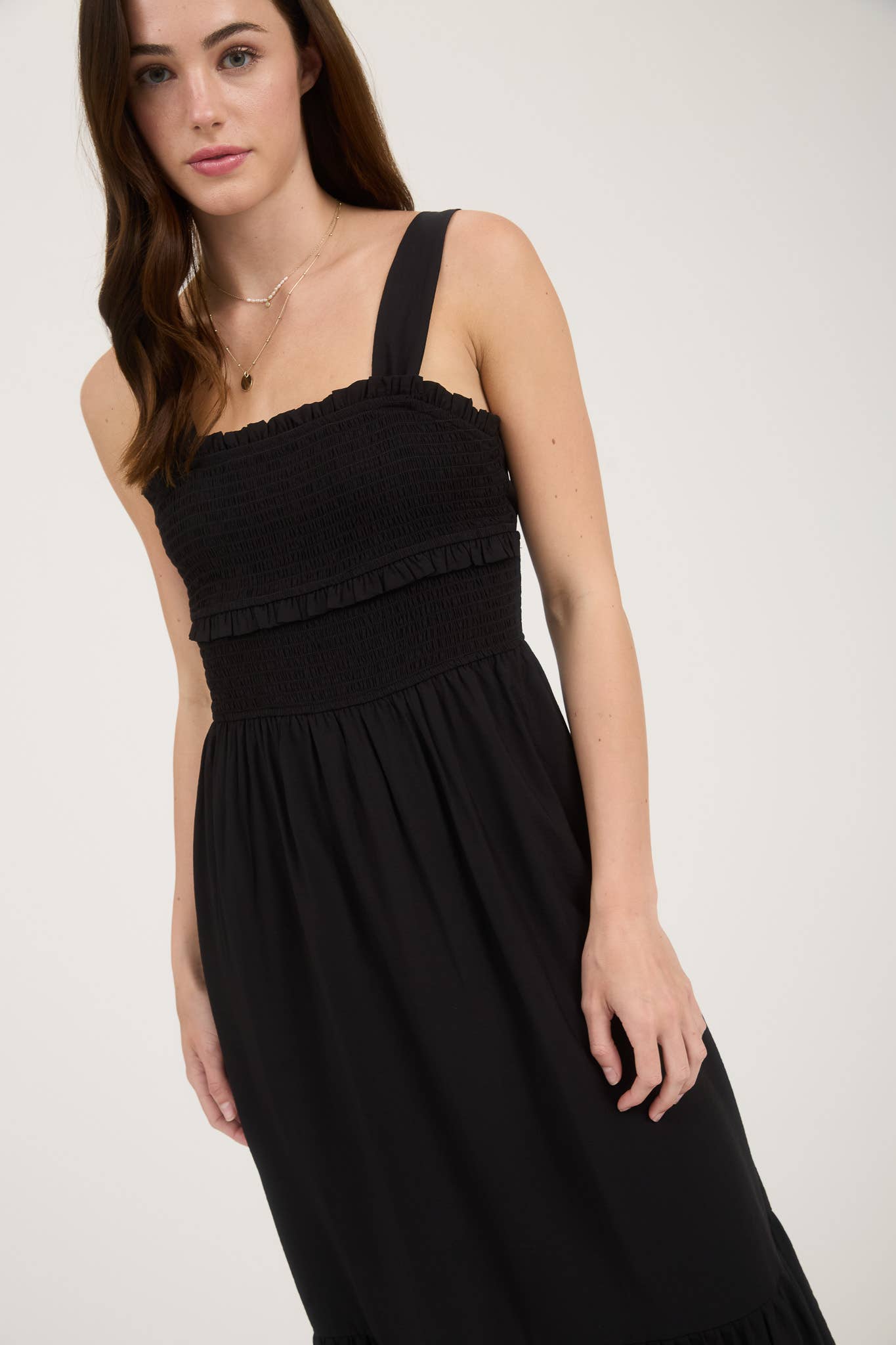 Black Smocked Ruffle Sleeveless Midi Dress