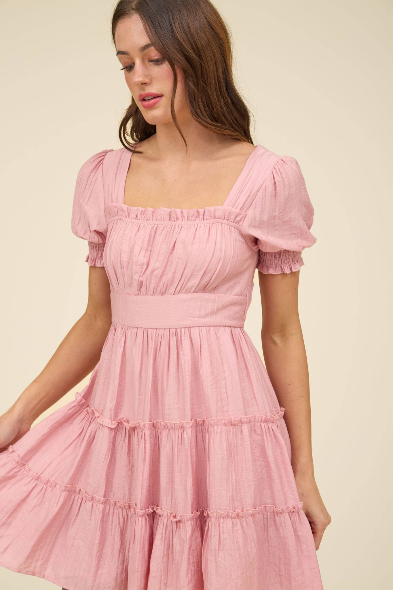 Pink Square Neck Smocked Mini Dress
