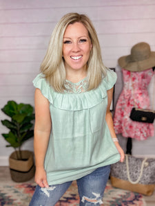 Misty Sage Crochet Ruffle Top