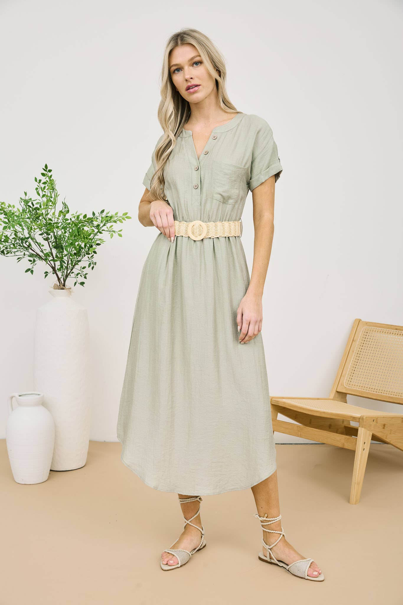 Light Olive Short Sleeve Midi Shirt Dress