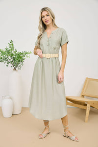 Light Olive Short Sleeve Midi Shirt Dress