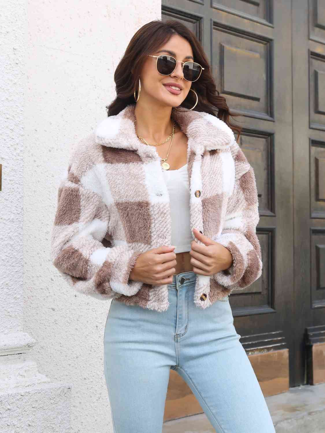 Plaid Dropped Shoulder Buttoned Jacket in Mocha