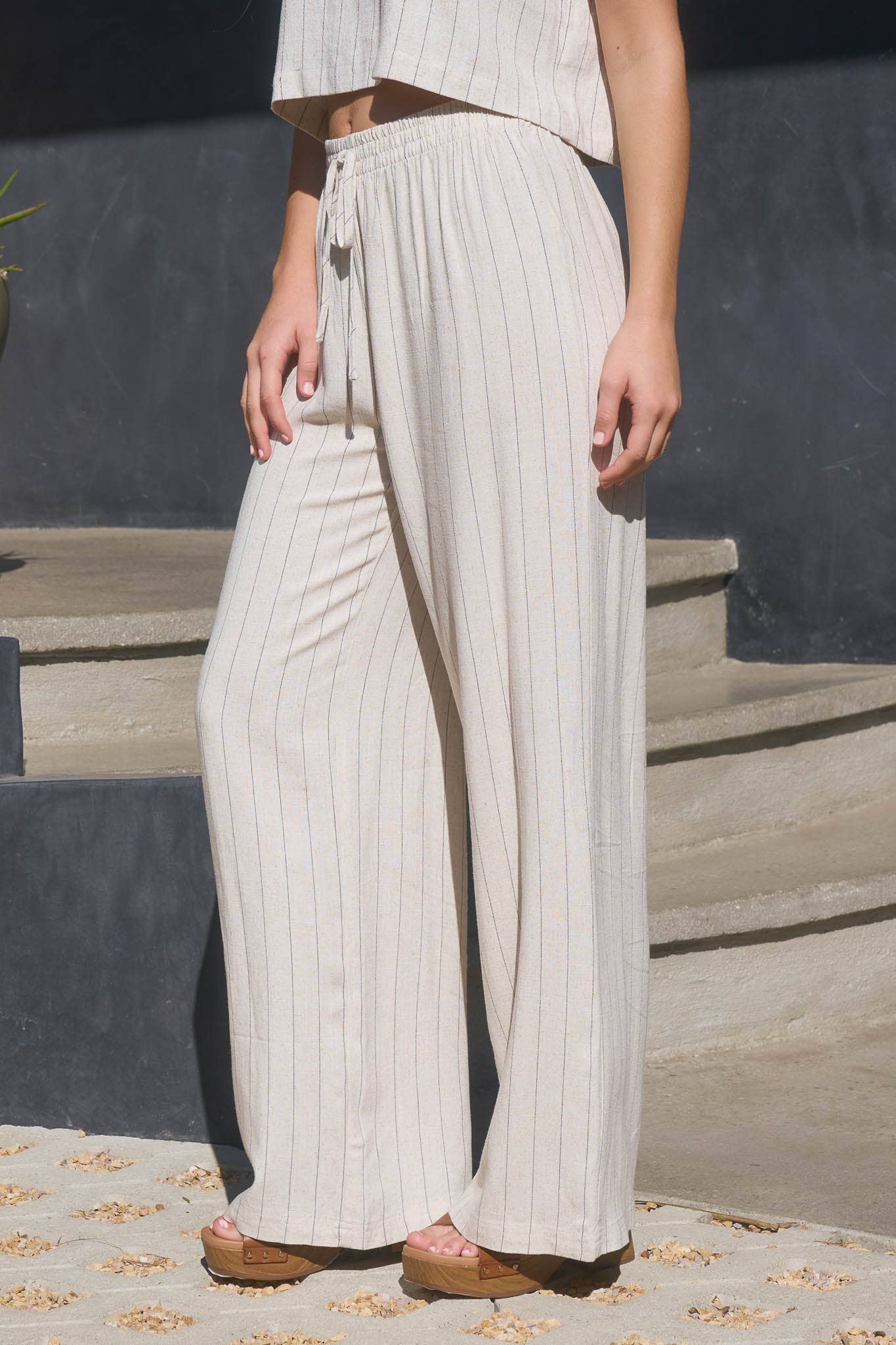 Coastal Vibes Oatmeal Pinstripe Wide Leg Linen Pants