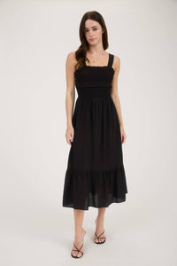 Black Smocked Ruffle Sleeveless Midi Dress