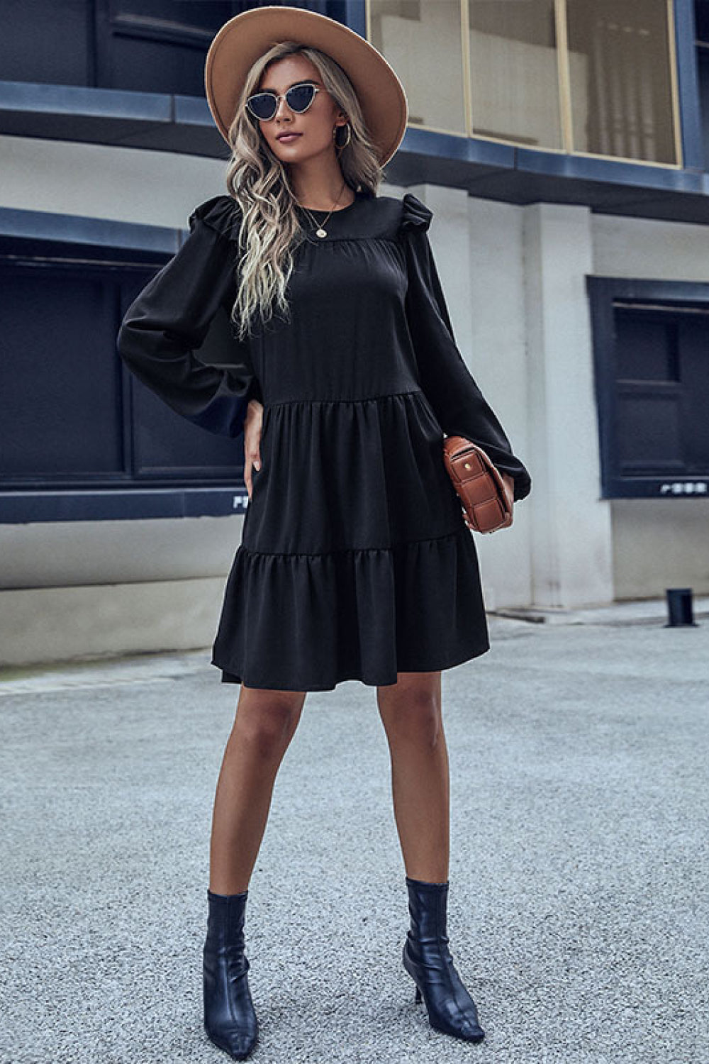 Black Ruffle Shoulder Tiered Dress