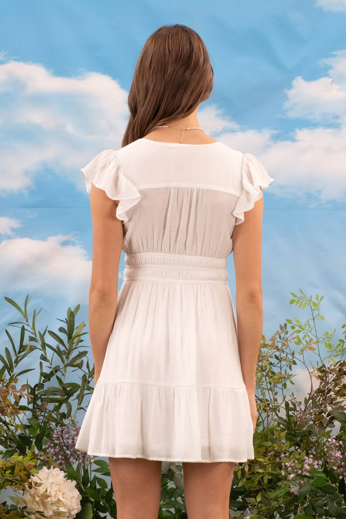 Shirred Mini Dress in White