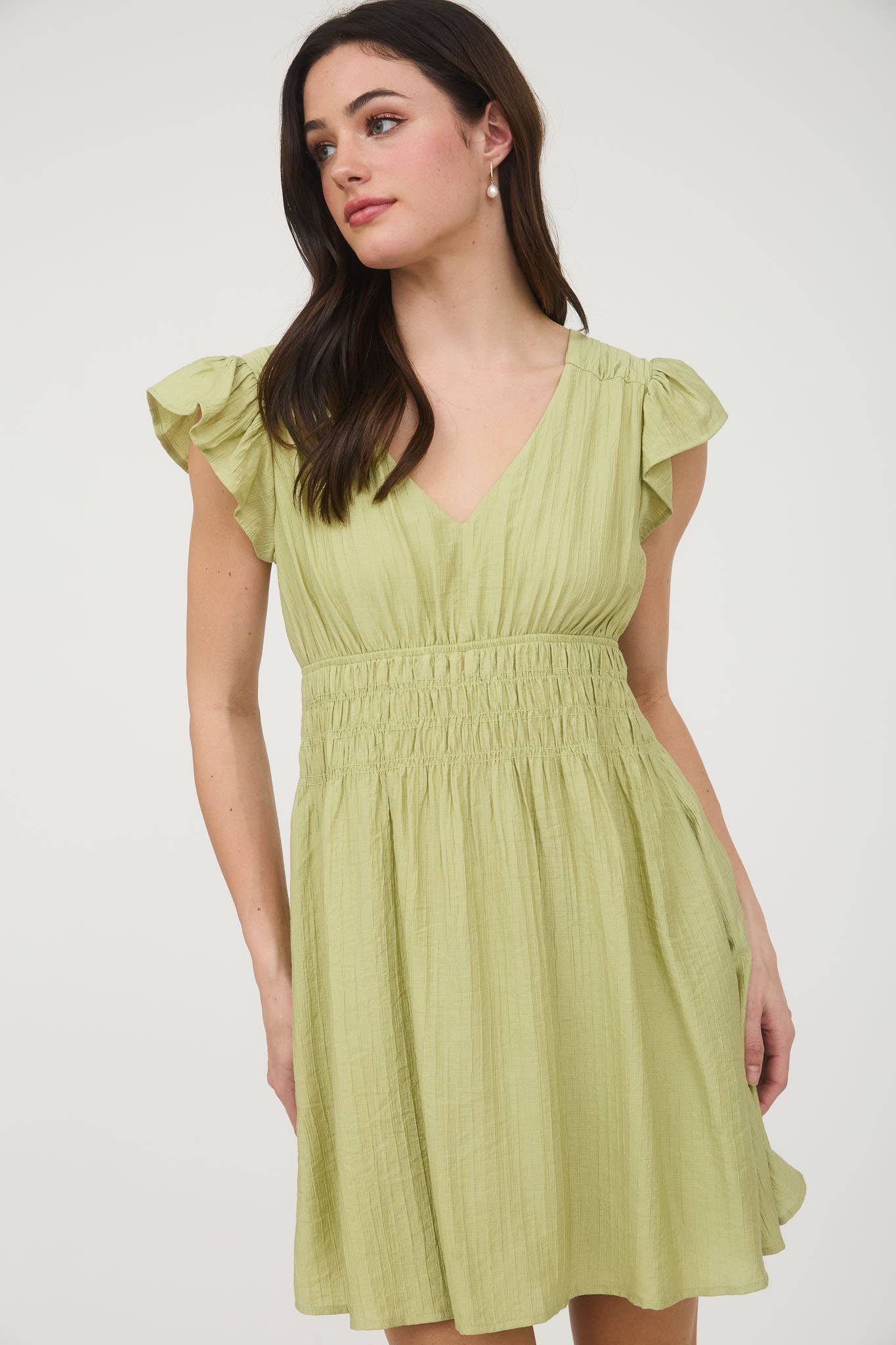 Kiwi Shirred Waist Ruffle Sleeve Mini Dress