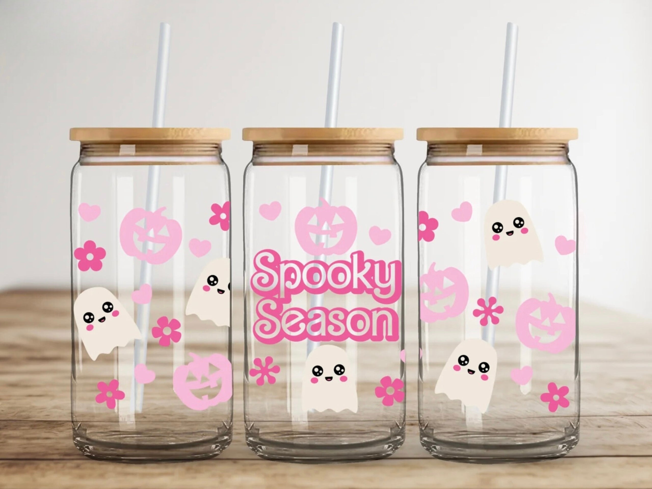 16oz Can Glass with Lid & Straw - Spooky Designs