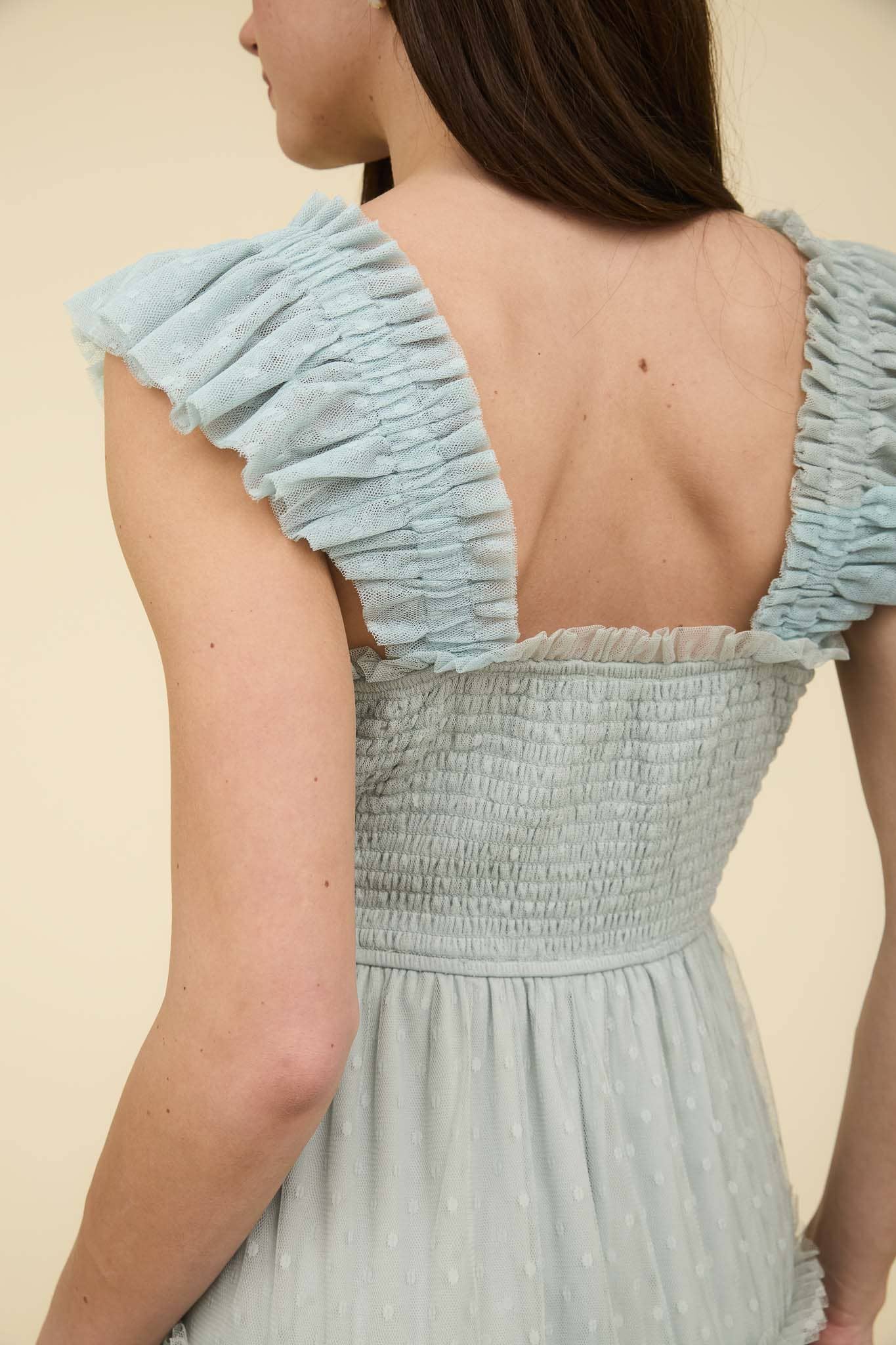 Polka Dot Chiffon Smocked Tiered Midi Dress in Sage