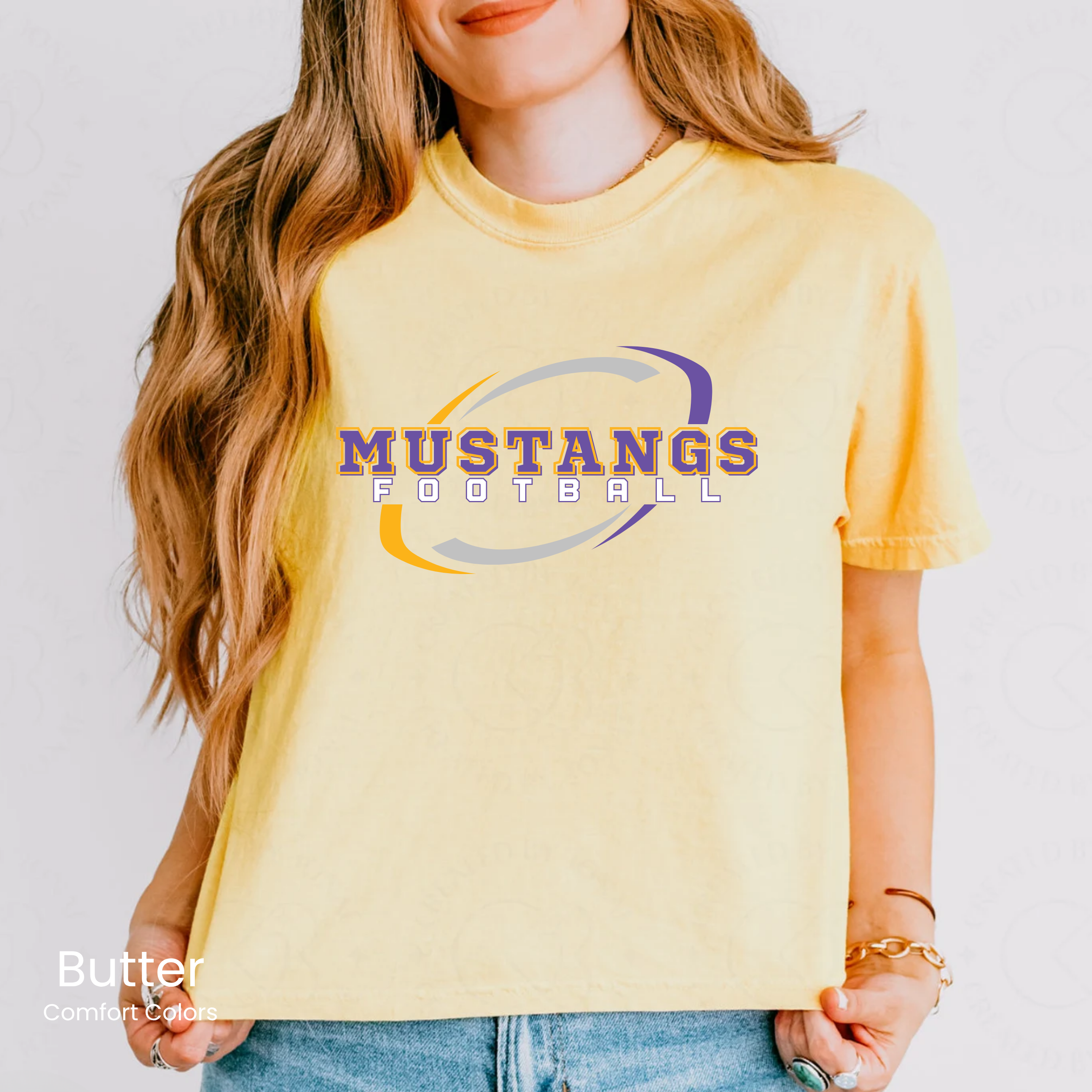 Comfort Colors Boxy Crop Mustangs Football Swirl Tee