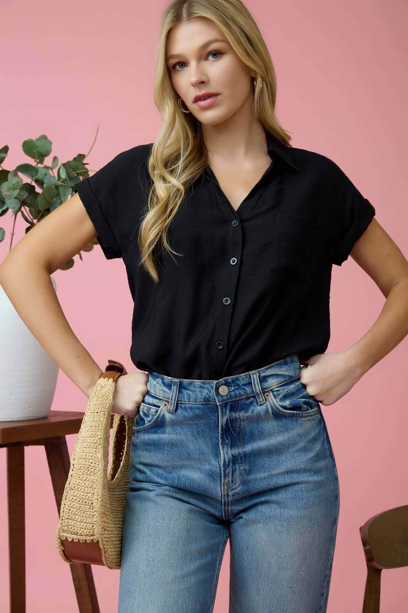 Short Sleeve Button Down in Black