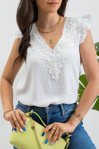 White Swiss Dot V-Neck Lace Trip Sleeveless Top