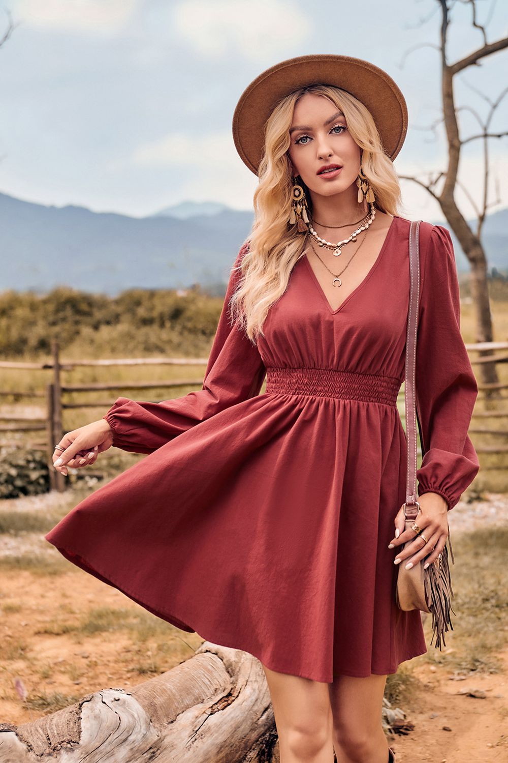Brick House Long Sleeve Smocked  Mini Dress