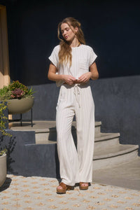 Coastal Vibes Oatmeal Pinstripe Wide Leg Linen Pants