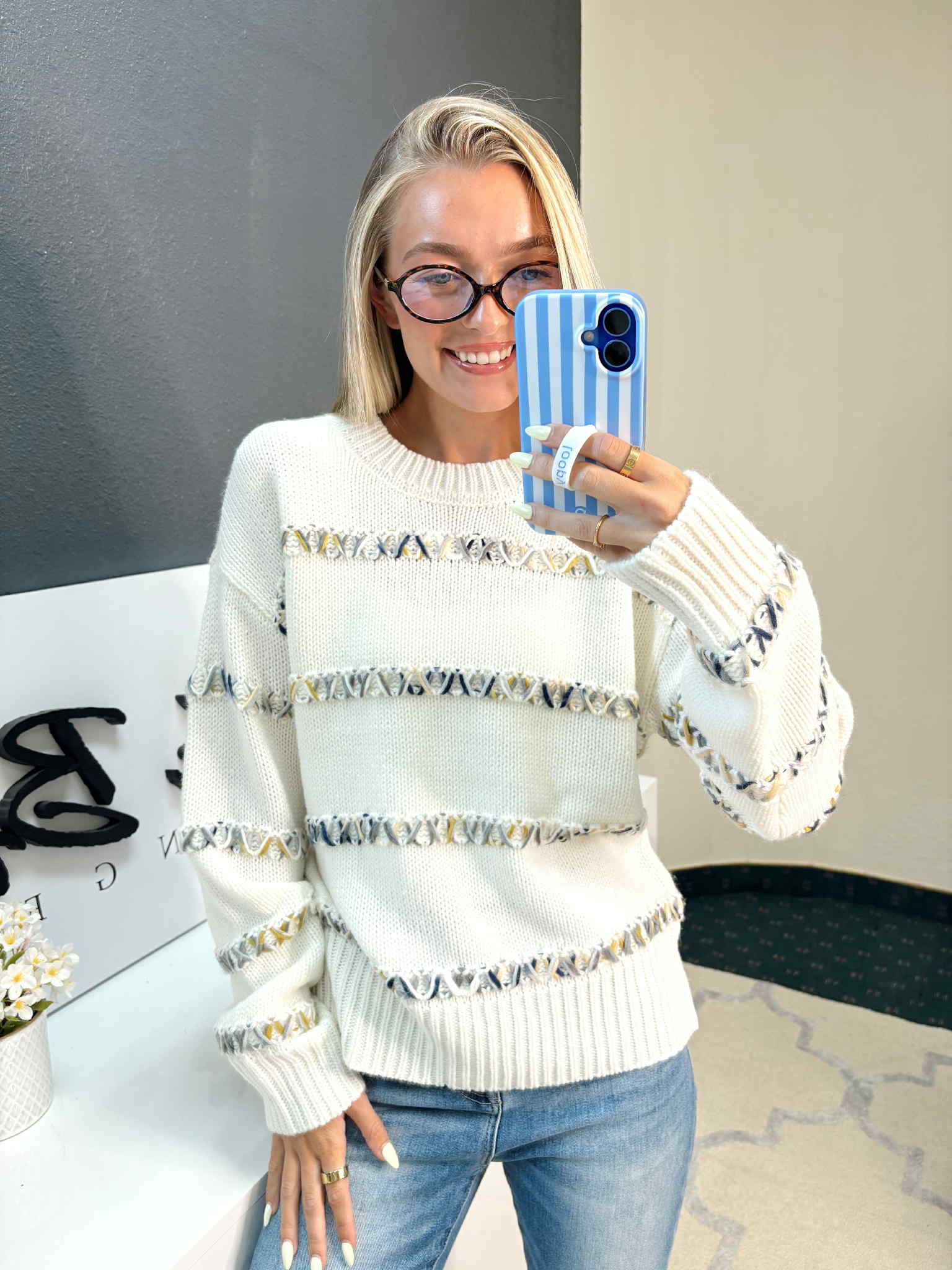 Ivory Crinkle Striped Sweater