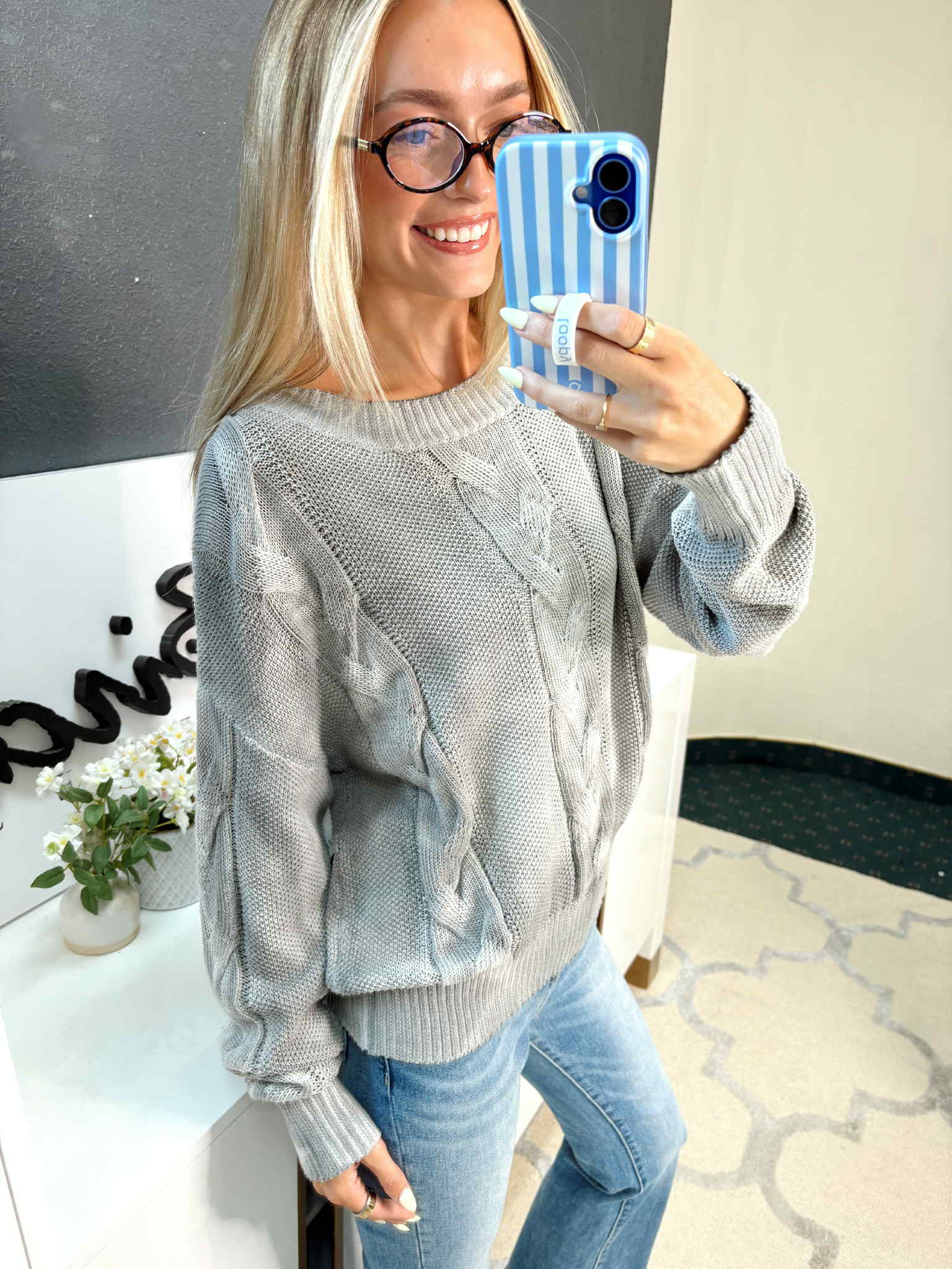 Grey Bleached Cable Knit Sweater