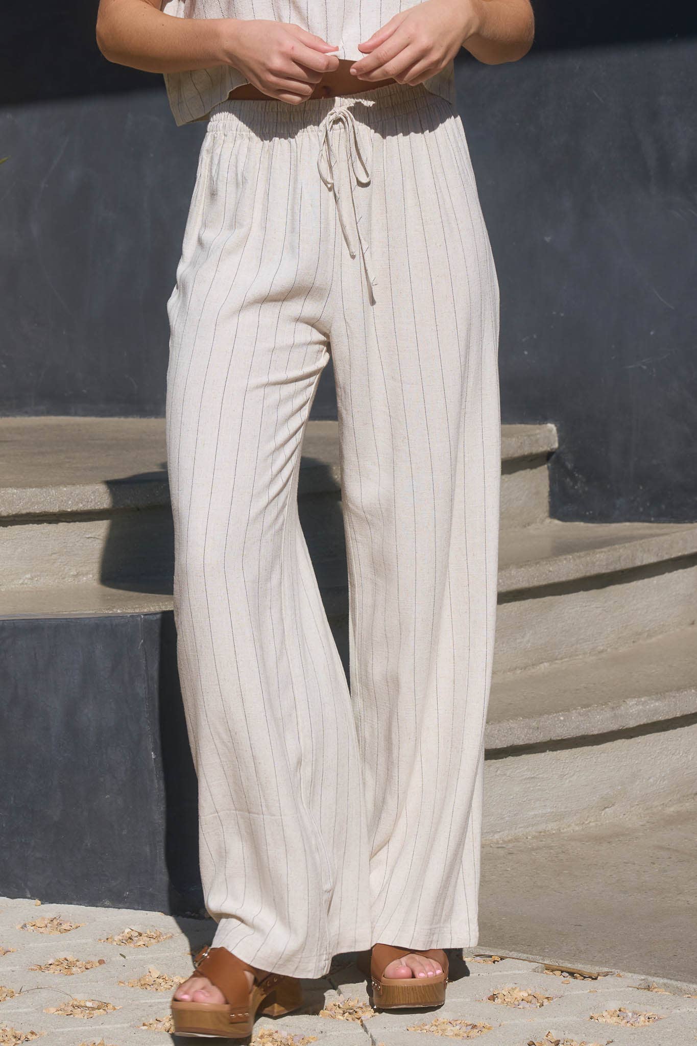 Coastal Vibes Oatmeal Pinstripe Wide Leg Linen Pants