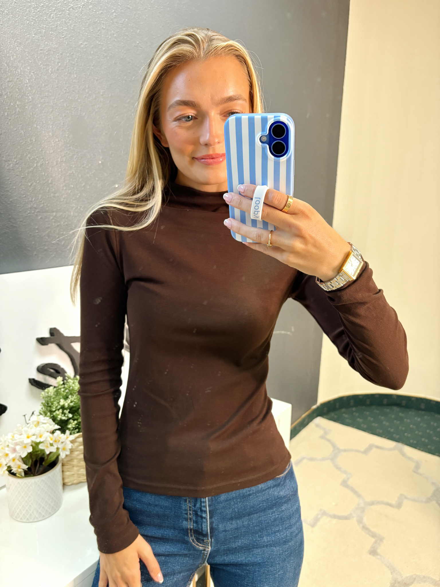 Chocolate Mock Neck Double Lined Long Sleeve