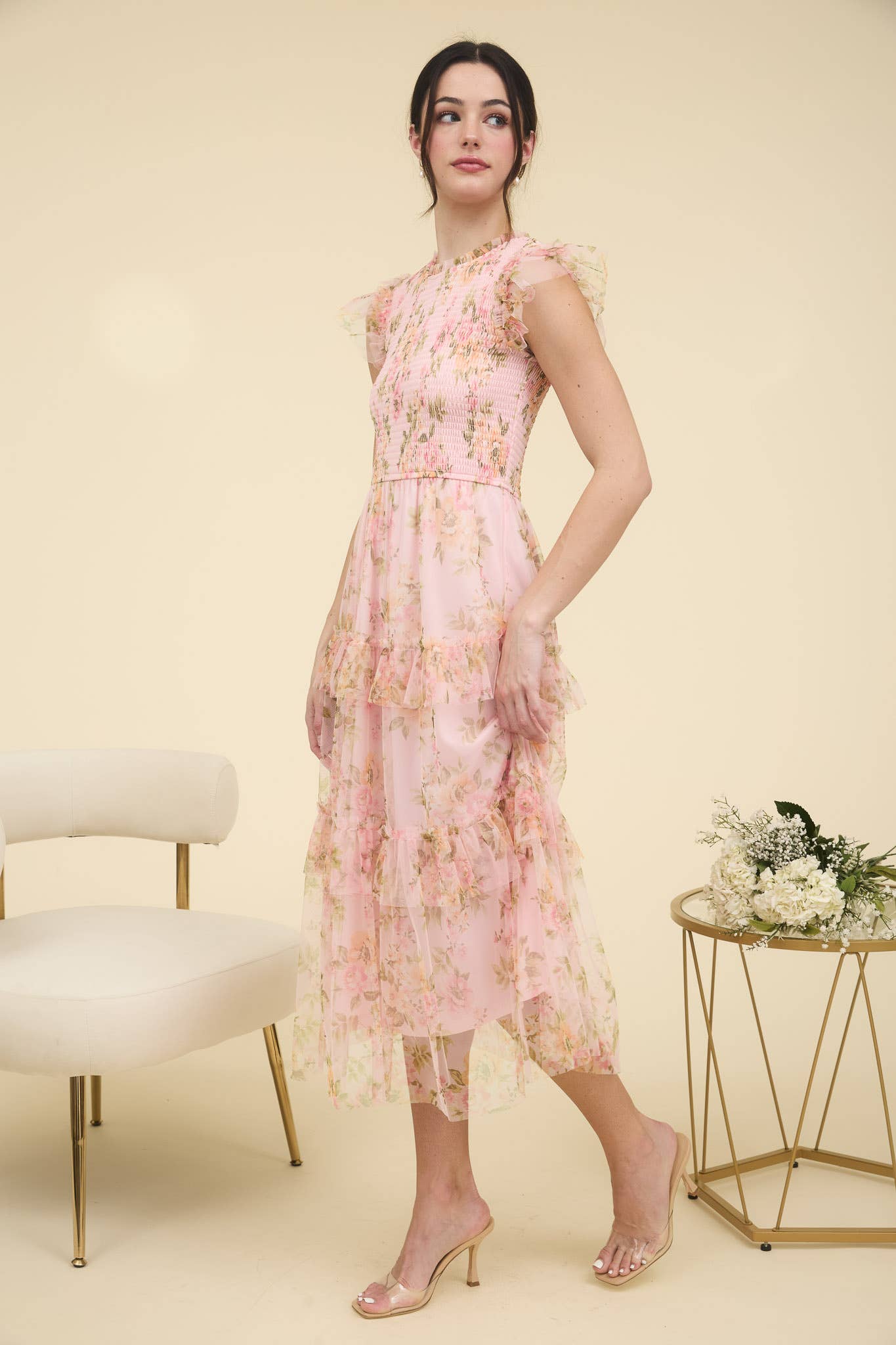 Pink Floral Smocked & Tiered Maxi Dress