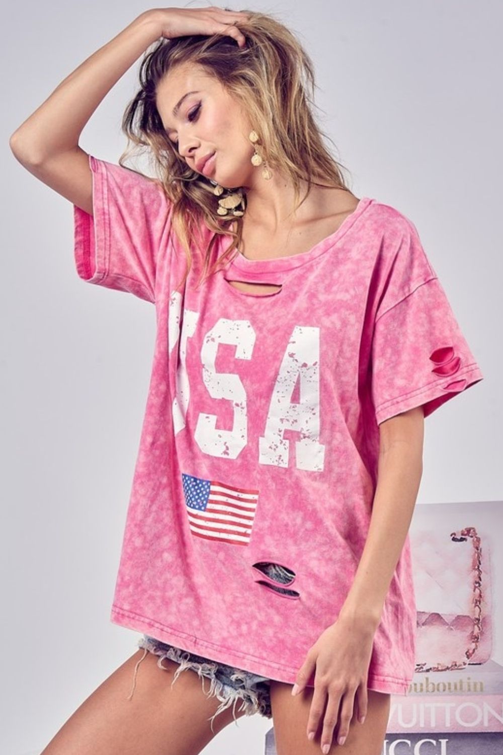 Washed American Flag Graphic Distressed T-Shirt