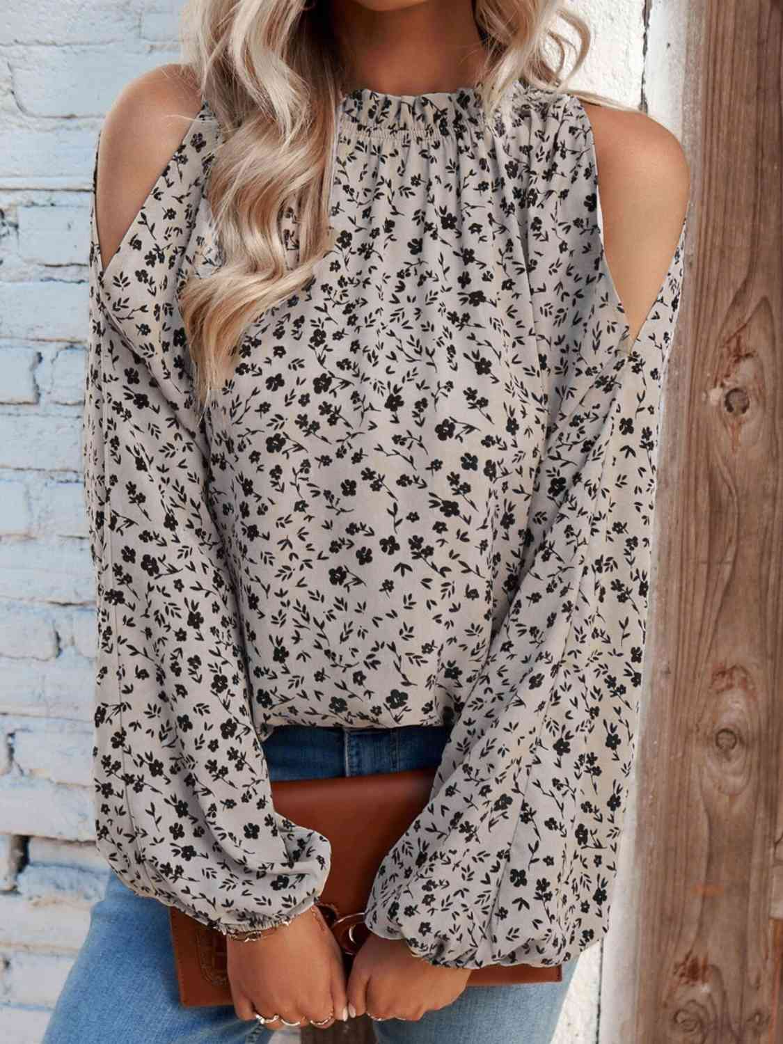 Light Grey Floral Cold-Shoulder Blouse