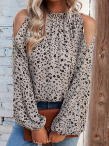 Light Grey Floral Cold-Shoulder Blouse