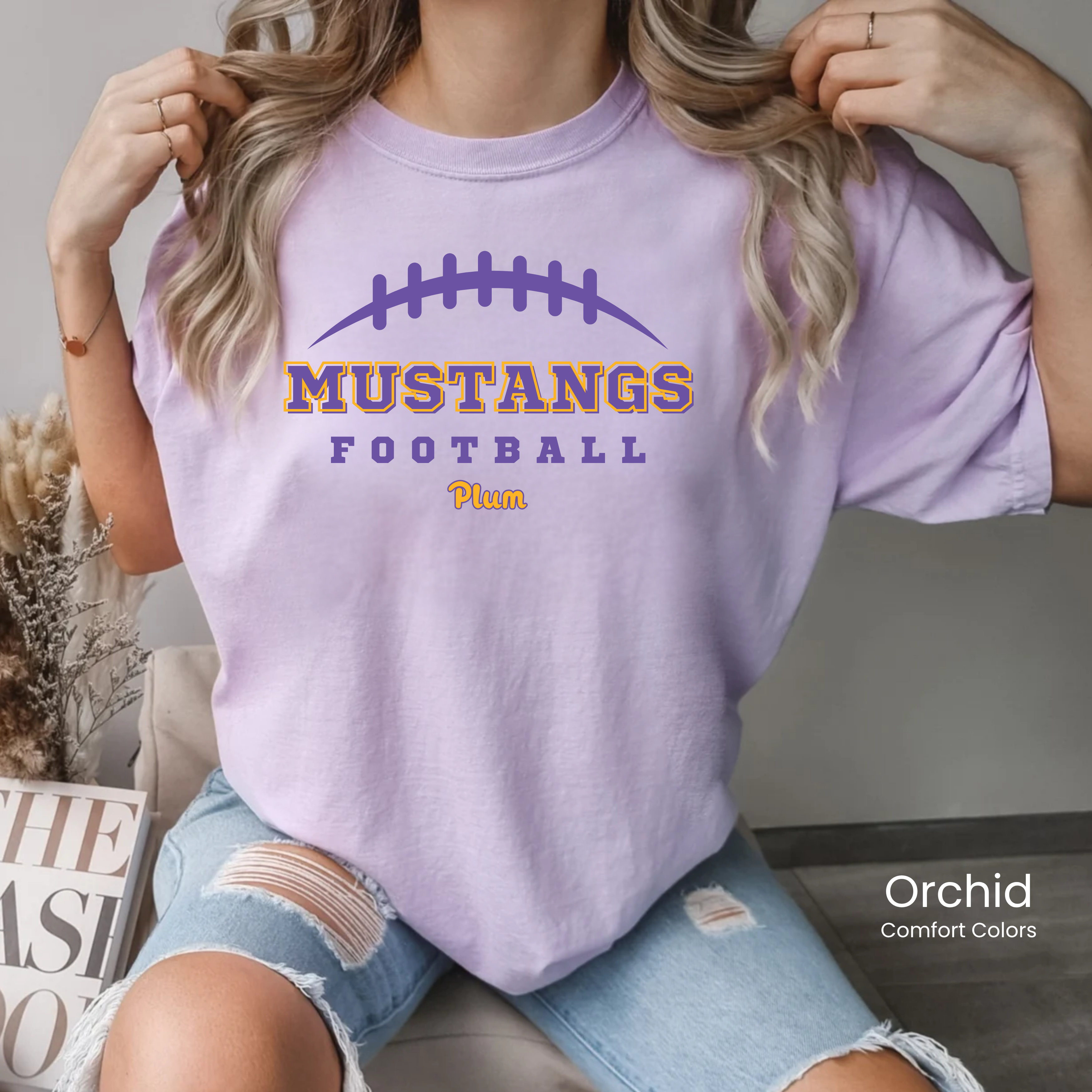 Comfort Colors Plum Mustangs Football Tee