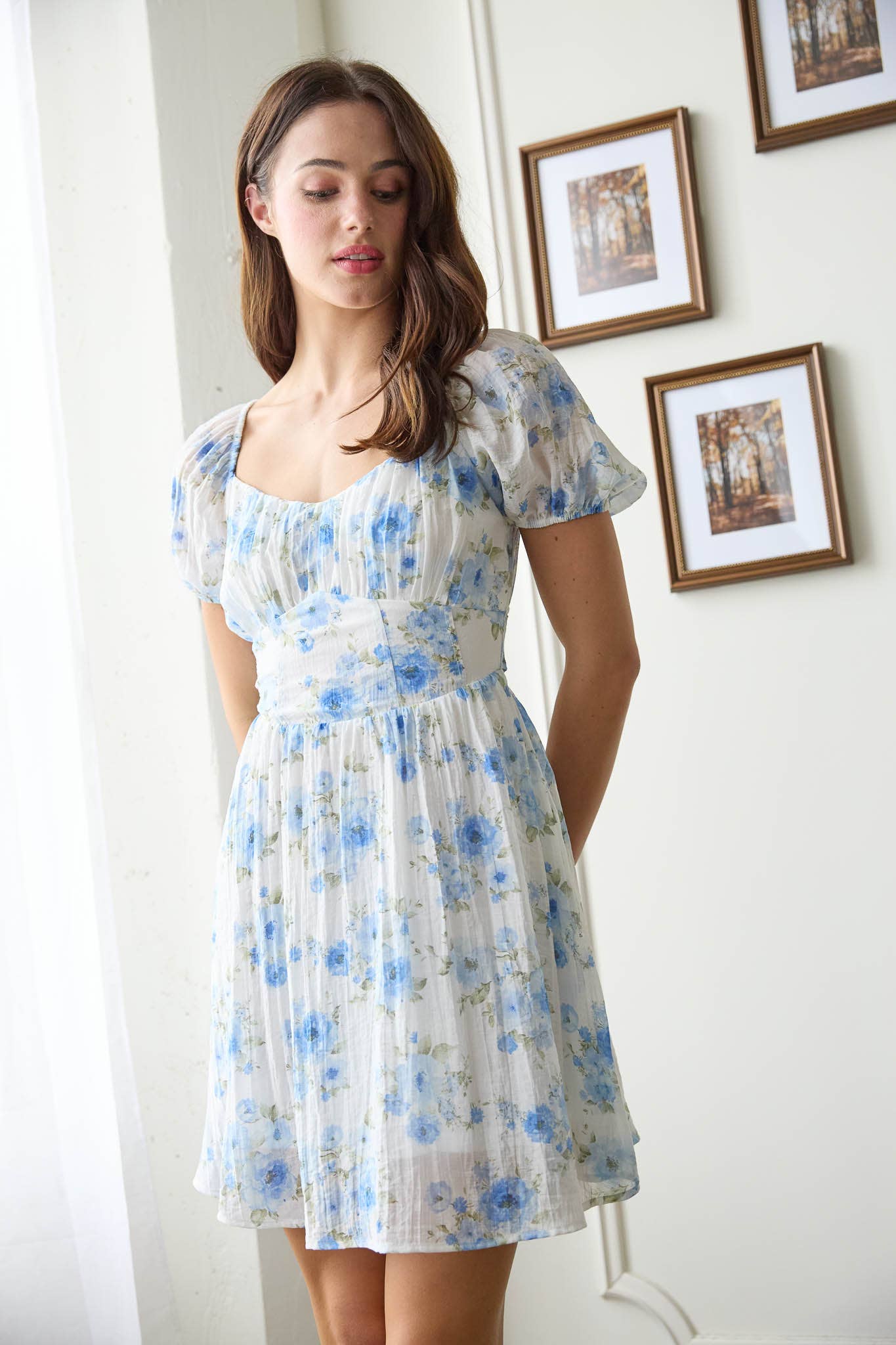 Blue Floral Corset Back Tie Mini Dress